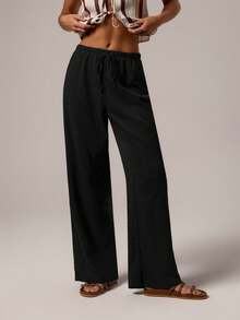 SHEIN Forever 21 Curve Strandkläder Sommarkläder Strandsemester Sommarkläder Tebjudning Strandsemester Casual Dam Sommarkläder Bruna Tyg Byxor med Resår i Midjan, Bohemiska Kläder - Svart - Visa 4