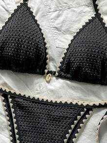 Swim Mod Ensemble de bikini 2 pièces pour femmes, en tissu jacquard de couleur unie avec volants, à bretelles nouées. Ensemble de maillots de bain pour vacances, croisière, plage et bronzage. Accessoires de maillot de bain, maillot de bain pour femmes, crochet - Gris - Voir 4