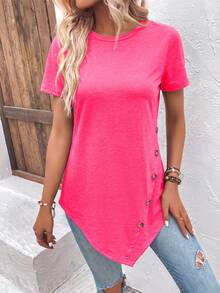 EMERY ROSE Women's Solid Color Round Neck Short Sleeve Button Design Casual Asymmetric Hem T-Shirt - Coral Pink - View 6