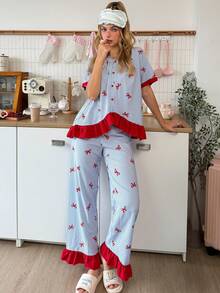 SweetSlumber Women's Contrast Stripe & Bow Print Short Sleeve Top And Long Pants Pajama Set - Blue - View 4