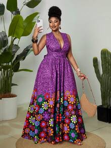Maweii Plus Size Women's Purple Summer Boho Vacation Holiday Multicolor Print Front Keyhole Shirred Backless Criss-Cross Strap Loose Fit Maxi Dress,Beach - Multicolor - View 6
