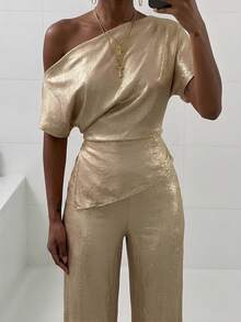 Firerie Women's Elegant Sexy Gold Summer Wedding Night Out Urban Chic Metallic Coated Asymmetric Hem Loose Blouse Elastic Waist Wide Leg Pants Set - Gold - View 13