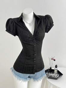 Flirla Women's V-Neck Fitted Waist Pleated Textured Fabric Blouse, Professional Wear, Summer, Button Closure Golf Pastal Sexy - Black - View 3