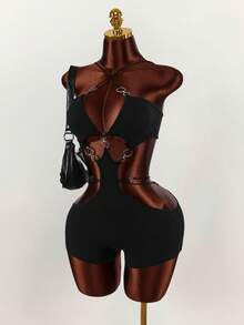 Amplova 女士性感露背吊带连体紧身衣 - 黑色 - 查看 3