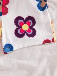 SHEIN Playful Pals 3件組少女夏季2026新款花卉印花與純色連身褲，無袖白色海灘度假套裝，極簡度假服飾 - 彩色 - 查看 7