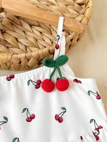 SHEIN 少女樱桃印花荷叶边提花吊带连衣裙 - 白色 - 查看 6