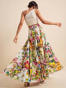 LOTSLUV Falda plisada con estampado floral tropical en toda la prenda, adecuada para vacaciones de primavera/verano - Multicolor - Ver 2