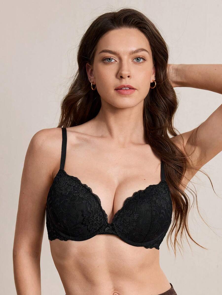 Hourtrue WINGSLOVE 女款蕾絲加厚墊胸罩,附鋼圈,舒適厚實,適合夏季 - 黑色 - 查看 1