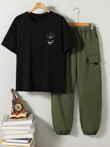 Vacaura 2pcs/Set Teen Boys Black T-Shirt With Khaki Shorts,Fashionable Streetwear Pocket Outfit,Versatile Summer Essentials For Sports,Outings,School - Army Green - View 3