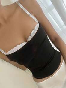 INAWLY Women's Contrast Lace Contrast Color Fitted Elegant Camisole - Black - View 1