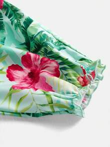 女童热带植物印花宽松连体裤，休闲日常百搭，适合度假、海滩露营，也可作为姐妹装或亲子装穿着。 - 綠色 - 查看 4