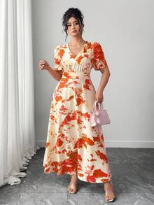 Vestido entallado y acampanado con cuello en V fruncido y mangas abullonadas para tallas grandes - Naranja Coral - Ver 3