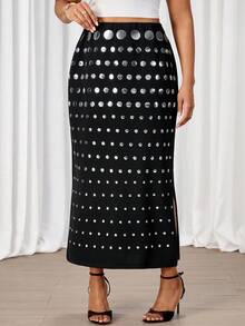 SHEIN Tall CURVE 加大码黑色简约日常半身裙，饰有圆形图案 - 黑色 - 查看 3
