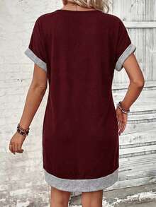 EMERY ROSE Women's Contrast Trim V-Neck Short Sleeve Mini Dress, Summer Vacation Burgundy Casual - Burgundy - View 2