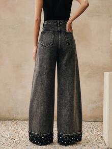 Black Design Rhinestone Embellished Loose Casual Straight Leg Wide Leg Jeans For Women, Spring New Arrival - Black - View 2