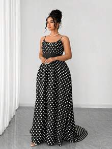 Elenzga Vestido largo de lunares de mujer de talla grande sin mangas, elegante estilo de fiesta, fondo negro - Blanco y Negro - Ver 6