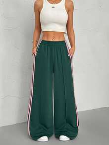 SHEIN PETITE Quần nỉ nữ ống rộng cạp chun, kẻ sọc bên hông, dáng rộng thoải mái, thích hợp cho mùa xuân hè và mùa tựu trường. - màu xanh lá - Xem 4