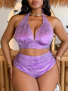 Slaydiva 2026新款大码女士两件套优雅时尚泳装套装 - 紫色 - 查看 3