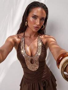 Glamine 女士时尚新款吊带度假沙滩性感亮片棕色派对连衣裙 - 棕色 - 查看 4