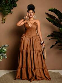 Maweii Große Größen Damen Jeansoptik A-Linie Langes Träger Sexy Kleid - Rostbraun - Übersicht 5