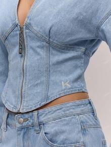 KIZN Áo khoác denim dáng ngắn, khóa kéo phía trước, cổ bẻ và tay dài, thích hợp để mặc nhiều lớp trong ngày. - Màu xám đen - Xem 4