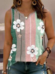 Plus Size Women Floral Print V-Neck Camisole Top, Soft & Comfortable, Suitable For Spring/Summer Daily Wear - Multicolor - View 1