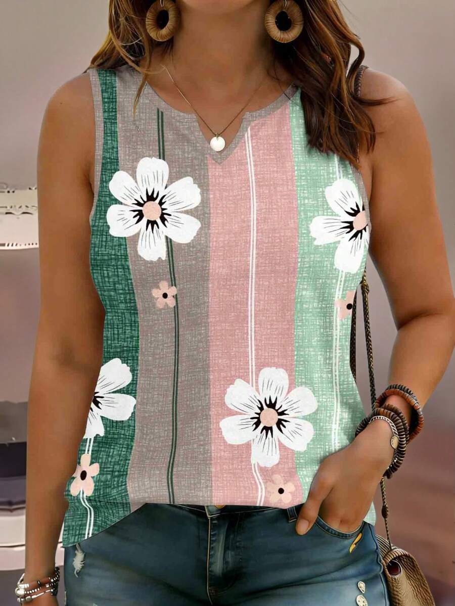 Plus Size Women Floral Print V-Neck Camisole Top, Soft & Comfortable, Suitable For Spring/Summer Daily Wear - Multicolor - View 1