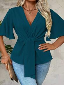 Linhara CURVE Plus Size Women's Fashionable Solid Color V-Neck Short Sleeve Blouse - Teal Blue - View 4