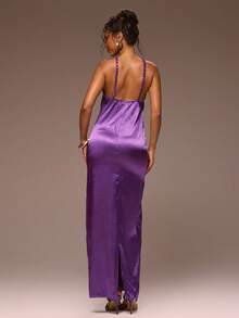 MUSERA Đầm maxi satin cổ yếm đính hạt, kiểu dáng nữ tính, thích hợp cho mùa xuân hè, kỳ nghỉ, buổi tối đi chơi, dịp đặc biệt, Golden Sands. - Màu tím - Xem 4