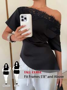 SHEIN Tall CURVE Áo kiểu nữ cỡ lớn màu trơn phối ren tương phản, vạt áo xếp ly bất đối xứng, thanh lịch. - màu đen - Xem 1
