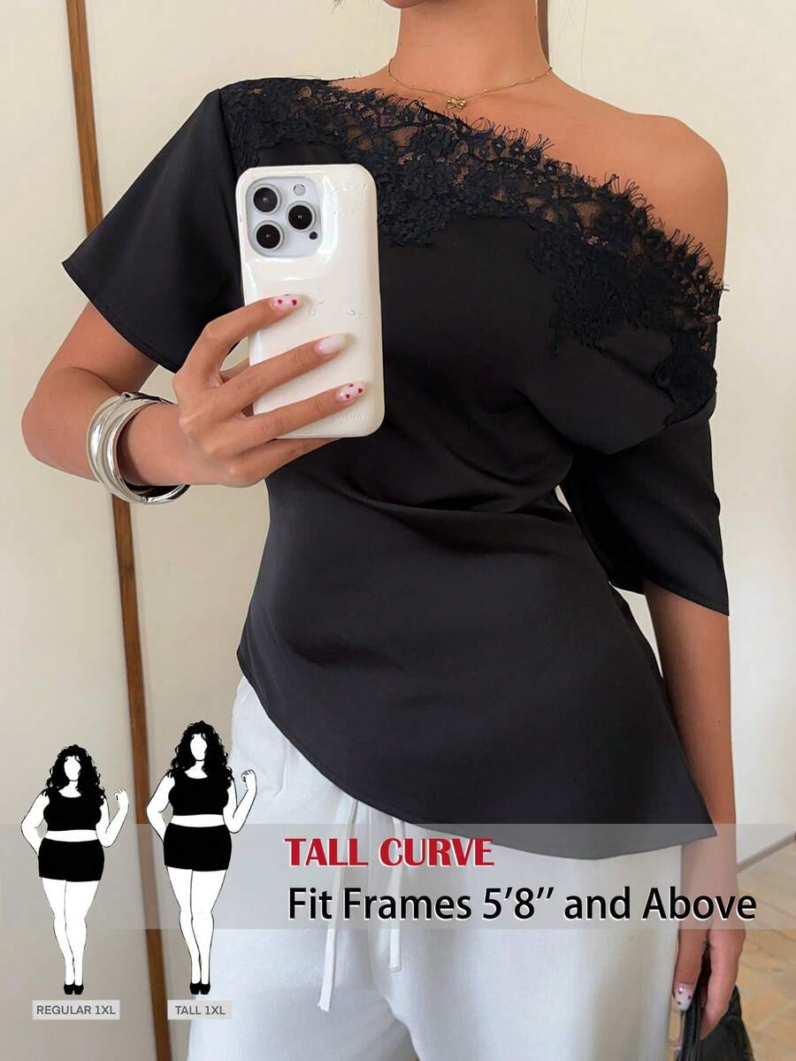 SHEIN Tall CURVE Áo kiểu nữ cỡ lớn màu trơn phối ren tương phản, vạt áo xếp ly bất đối xứng, thanh lịch. - màu đen - Xem 1