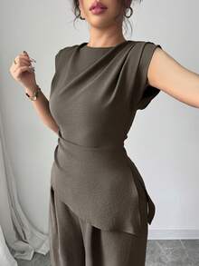 Rafferiza 2pcs/Set Women Solid Color Textured Pleated Round Neck Sleeveless Top - Mocha Brown - View 5