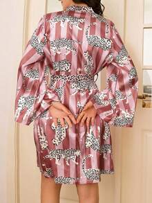 Chillnights Women's Casual Colorblock Leopard & Striped Print Loose Comfortable Satin Robe - Pink - View 2