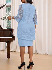 SHEIN Lady 春夏秋冬优雅通勤办公黑色蕾丝针织圆领中长七分袖加大码套装 - 淺藍色 - 查看 2