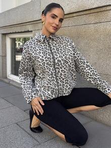 Marta Soriano Áo khoác denim dáng rộng họa tiết da báo thường ngày dành cho nữ - Xám - Xem 5