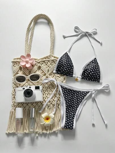 Swim Mod Bộ bikini nữ gồm dây chuyền in họa tiết ngẫu nhiên, trang sức kim loại, thích hợp cho mùa xuân/hè.