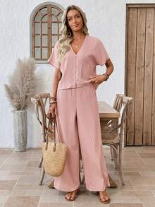 EMERY ROSE Bộ đồ nữ đơn sắc tối giản gồm áo tay ngắn và quần ngắn tay, 2 món. - Hồng - Xem 4