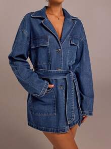 Forever 21 秋冬女式蓝色牛仔夹克圣诞新年假期派对女式外套蓝色外套假日新年宽松外套长袖外套除夕新年圣诞派对女式牛仔假期女式假期圣诞节 Y2k 宽松翻领复古派对装蓝色水洗口袋街头风格腰带优雅日常装休闲牛仔外套 - 藍色 - 查看 4