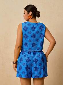 Travachic Plus Size Women's Dark Blue Retro Pattern 2-Piece Set,Front Tie Bow Sleeveless Vest Top With Loose Skort,Boho Summer Vacation Holiday Outfit - Blue - View 2