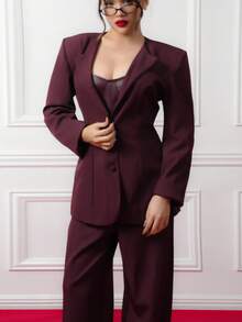 Criza Taa 2pcs Women's Minimalist Solid Color Single-Breasted Blazer And Pants Suit Set, Office/Commute,Fall,Fall Clothes For Women - Burgundy - View 7
