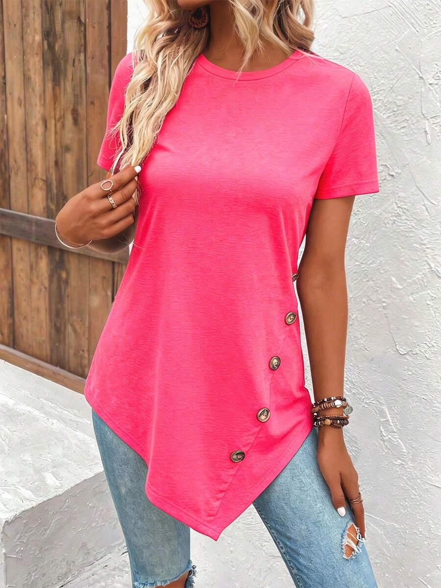 EMERY ROSE Women's Solid Color Round Neck Short Sleeve Button Design Casual Asymmetric Hem T-Shirt - Coral Pink - View 1