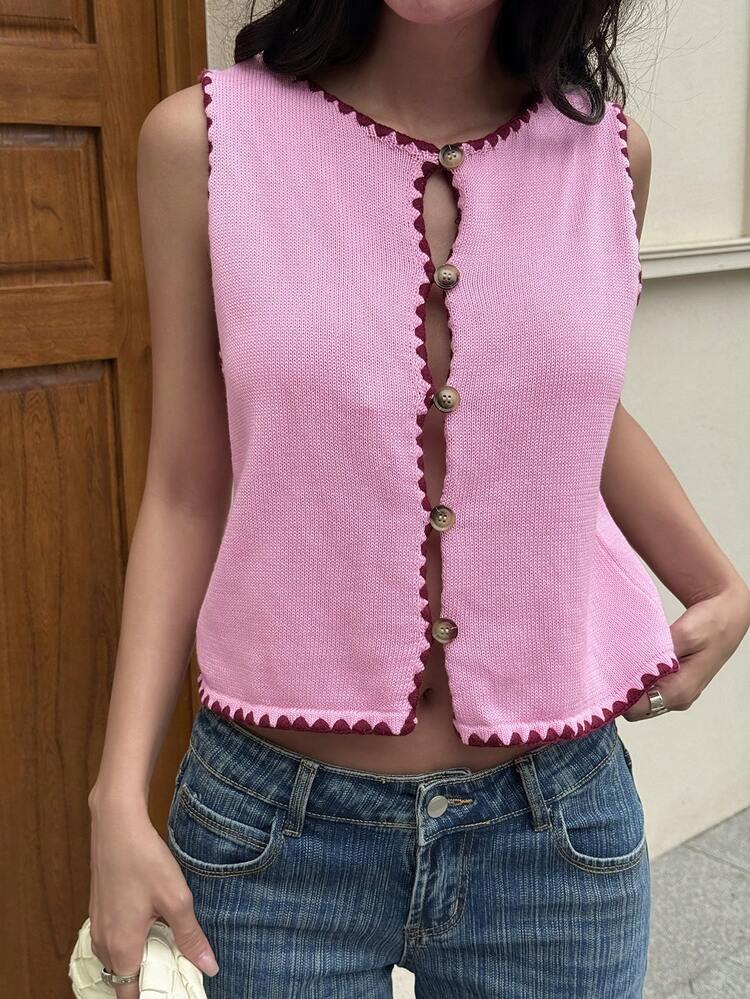 Women's Summer Colorblock Round Neck Sleeveless Open Front Casual Elegant Knit Top