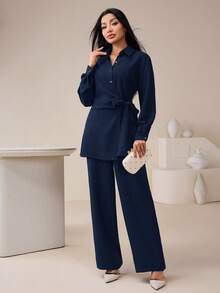 Veilorie Bộ 2 món áo dài tay trơn màu thanh lịch dành cho nữ và quần dài - Màu xanh hải quân - Xem 7