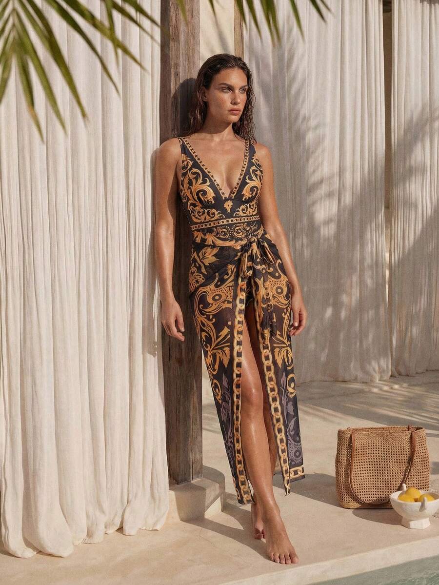 Swim Oasis Sleeveless Knit Swimsuit With Detachable Printed Skirt For Women - Multicolor - View 1