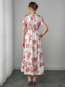 Momance 孕妇短袖A字连衣裙，腰部褶皱设计，荷叶边下摆，数码印花长裙 - 彩色 - 查看 2
