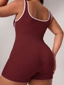 SHEIN Dewbera Plus Size Women Patchwork Color Casual Everyday Wear Sports Romper - Burgundy - View 2