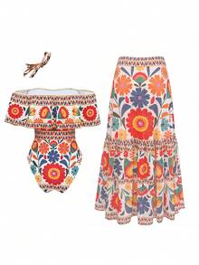 Swim Oasis Bộ trang phục nữ thanh lịch cổ điển trễ vai với dây đeo rời + chân váy xếp ly lưới in họa tiết cùng màu, thích hợp cho mùa xuân/hè. - Nhiều màu - Xem 2