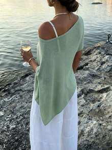 Breezaya Plus Size Women's Spring/Summer Casual Wear: Minimalist Vacation Style - Gray-Green Off-Shoulder Cape-Style Loose Fit Top, Perfect For Spring And Summer - Green - View 2