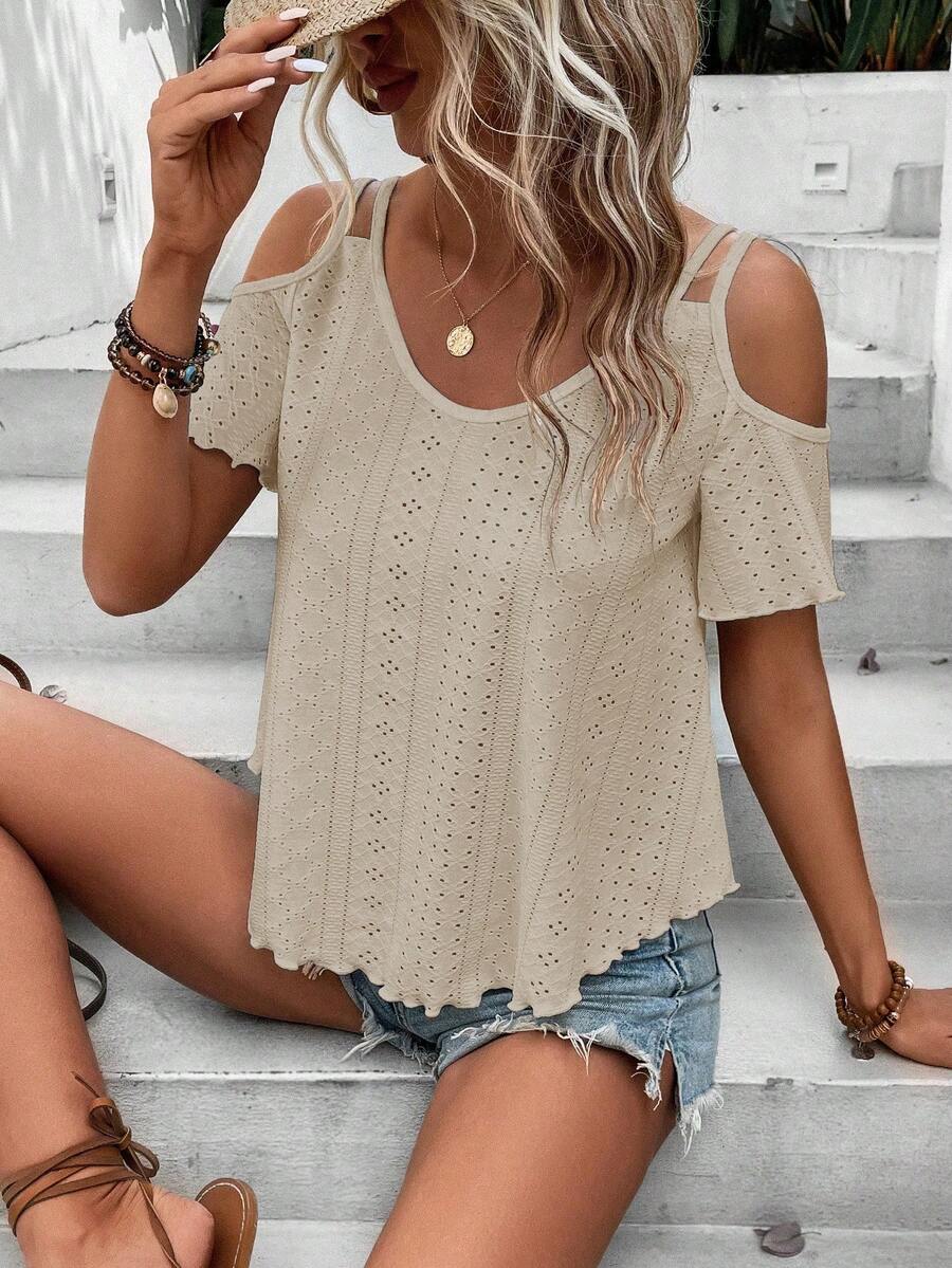 SHEIN LUNE Kaos Wanita Kasual Model Off-Shoulder dengan Bordir Jala, Musim Panas - Khaki - View 1
