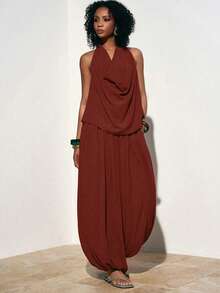 Zivah Women's Solid Color Halter Tie Top And Pleated Lantern Pants Casual Outfit,Vacation Outfits Women - Burgundy - View 6
